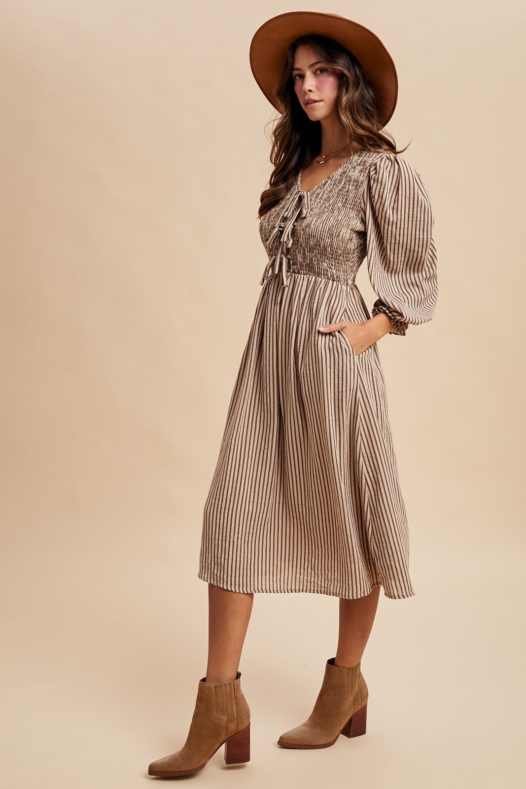 Stripe Smocking Bodice Bow Patch Midi Dress - The Cozy Nest