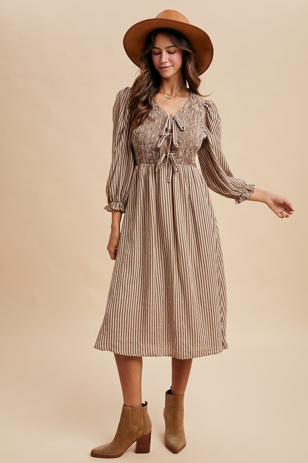 Stripe Smocking Bodice Bow Patch Midi Dress - The Cozy Nest