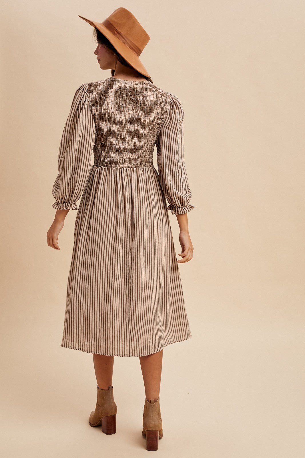 Stripe Smocking Bodice Bow Patch Midi Dress - The Cozy Nest