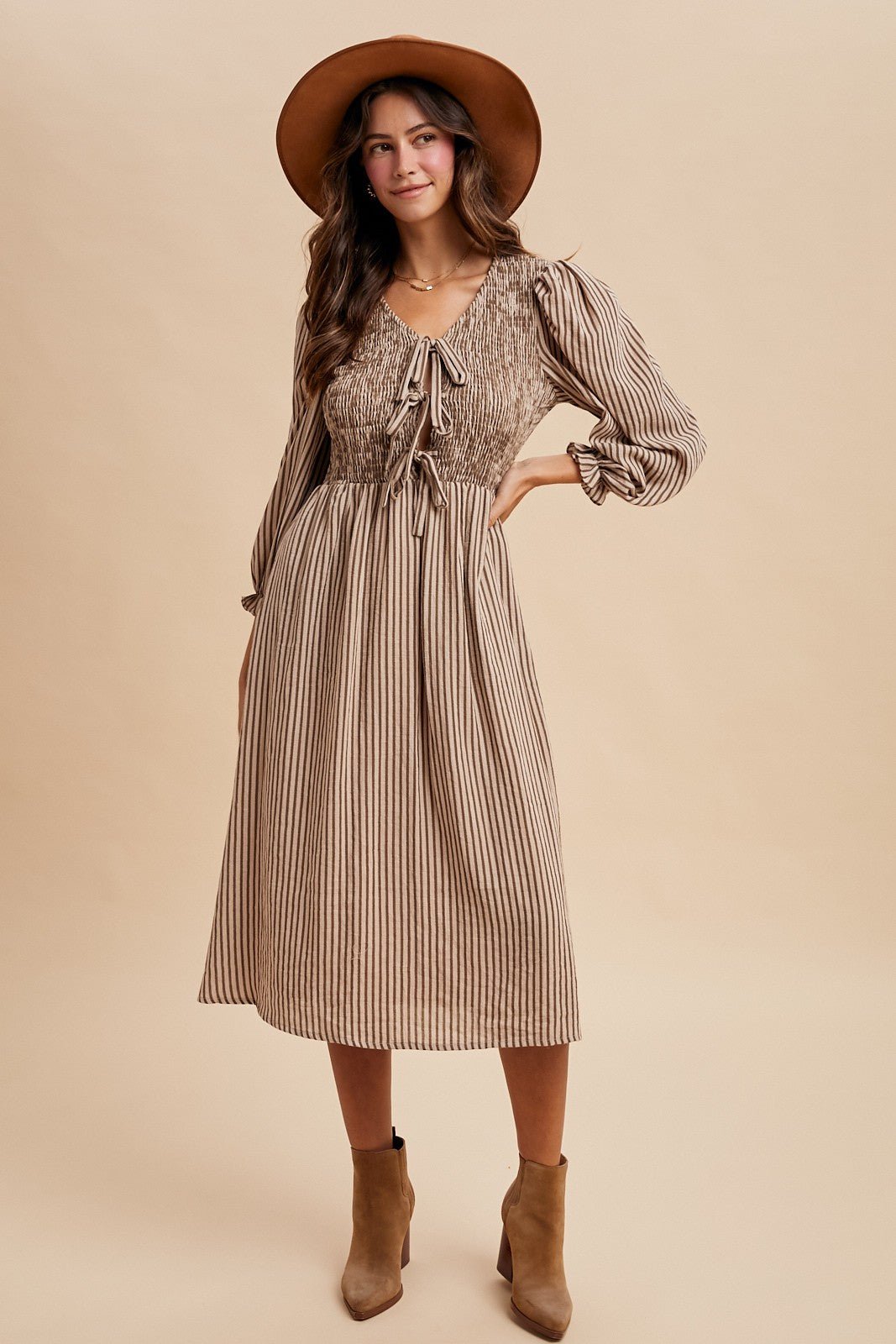 Stripe Smocking Bodice Bow Patch Midi Dress - The Cozy Nest