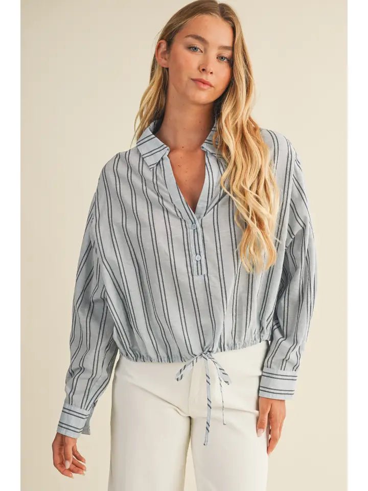 Striped Drawstring Top In Denim - The Cozy Nest