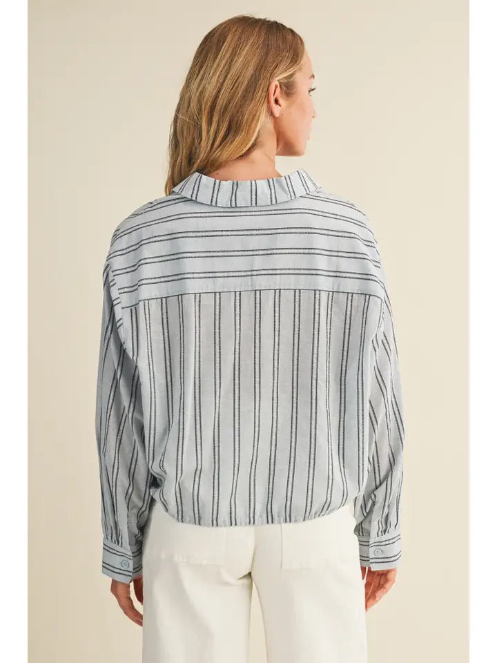 Striped Drawstring Top In Denim - The Cozy Nest