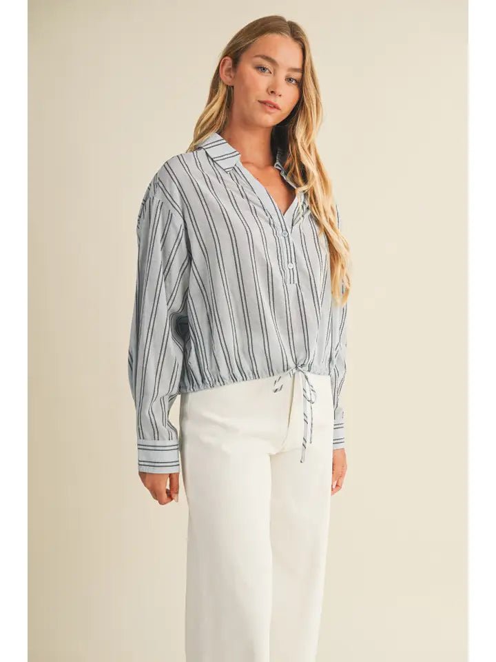 Striped Drawstring Top In Denim - The Cozy Nest
