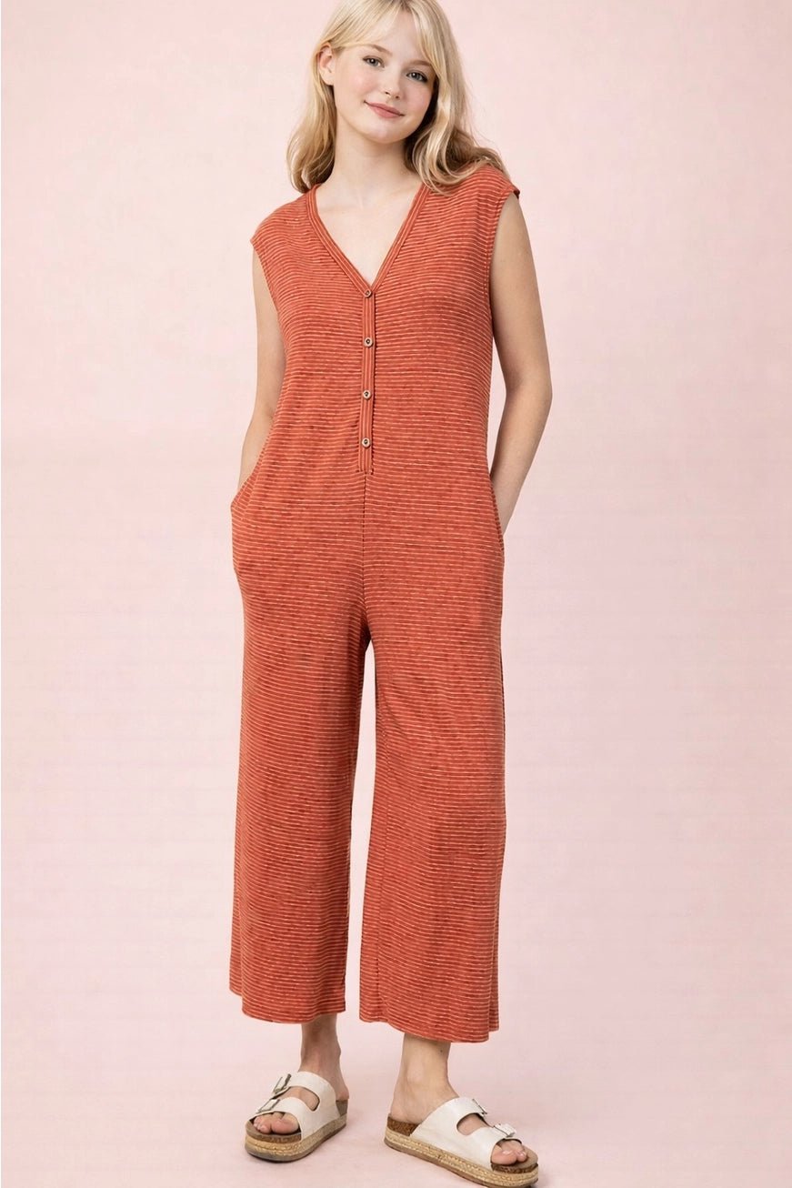 Striped Knit Button Down Jumpsuit In Oatmeal - The Cozy Nest