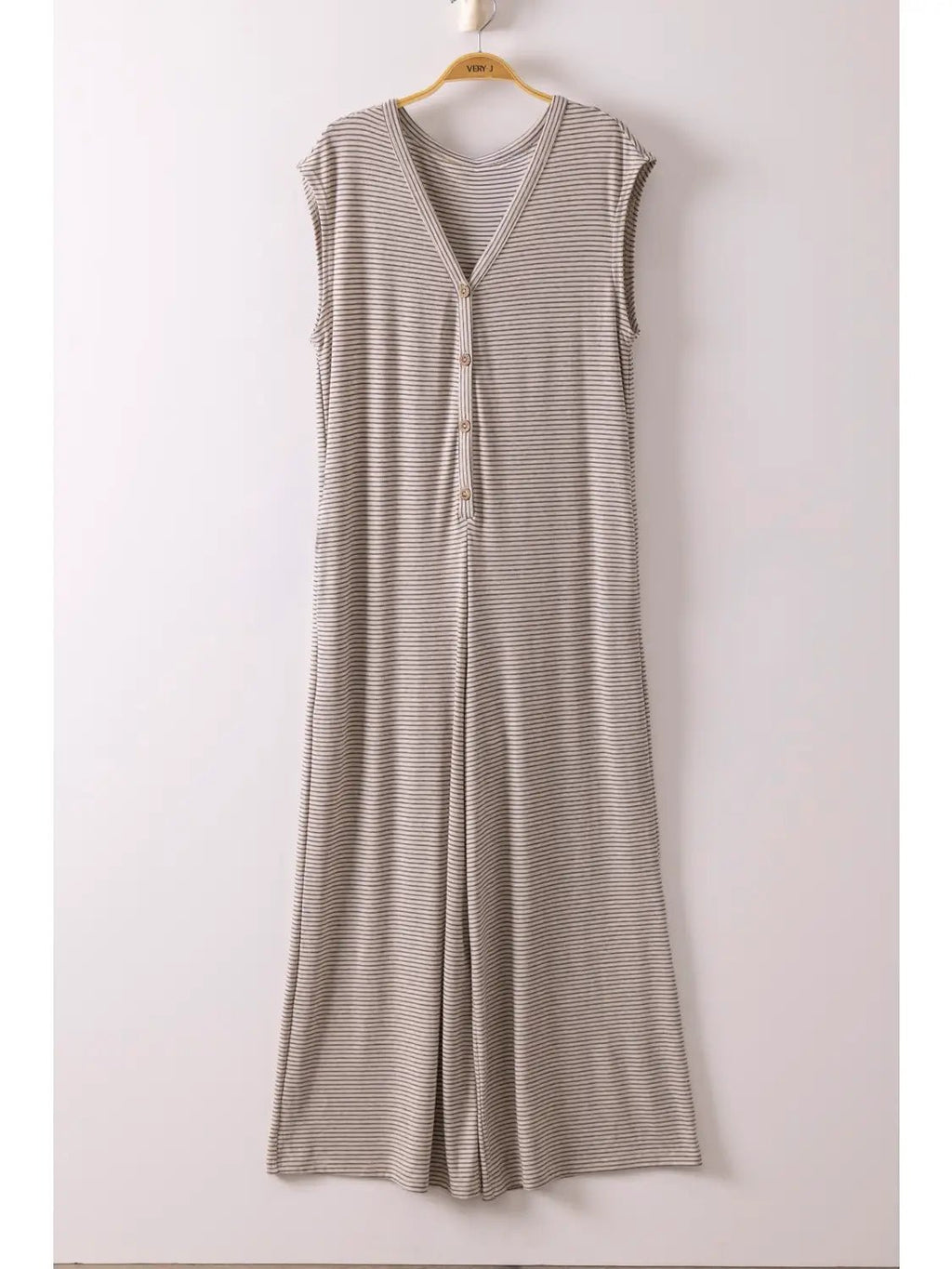Striped Knit Button Down Jumpsuit In Oatmeal - The Cozy Nest