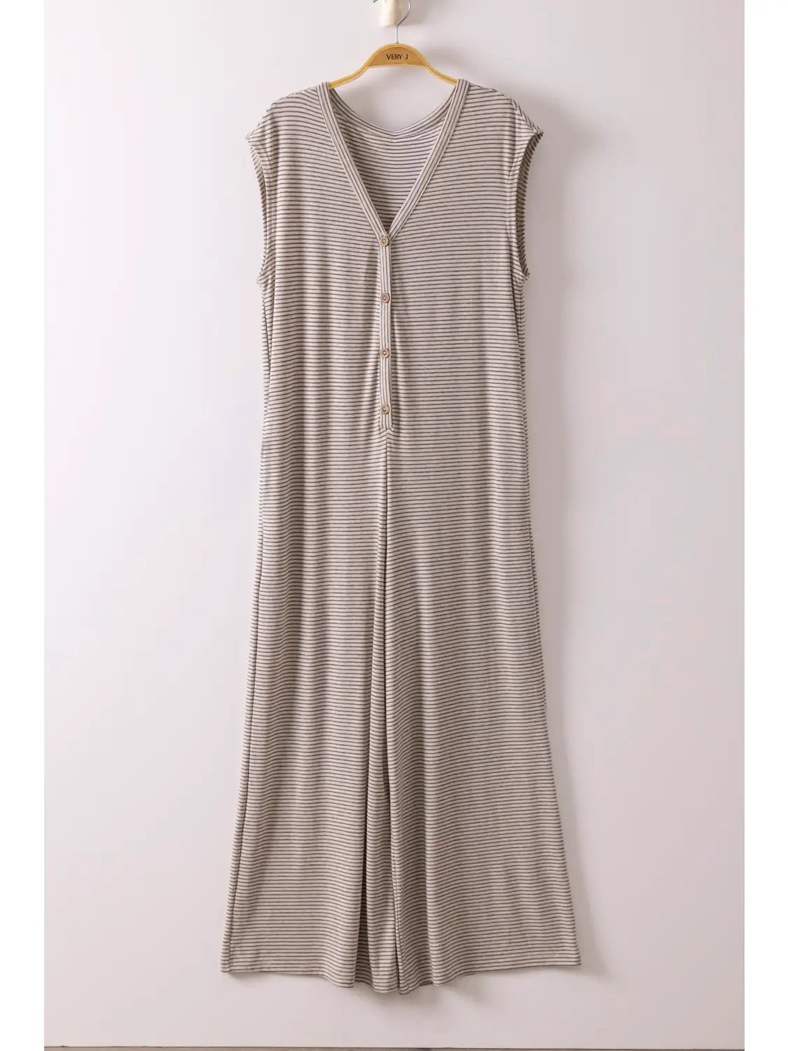 Striped Knit Button Down Jumpsuit In Oatmeal - The Cozy Nest