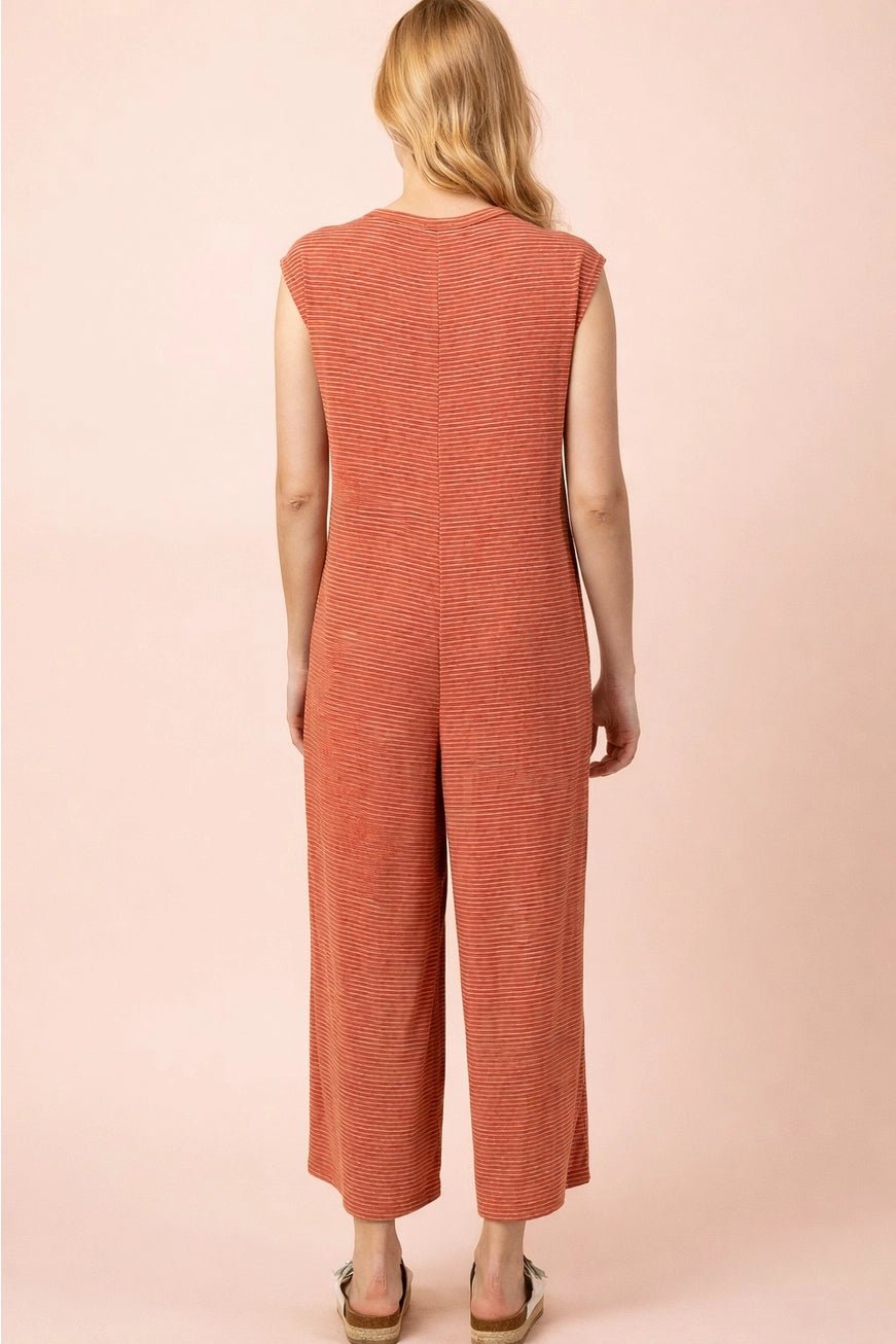 Striped Knit Button Down Jumpsuit In Oatmeal - The Cozy Nest