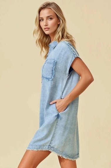 Tencel Denim Short Sleeve Shirt Mini Dress - The Cozy Nest