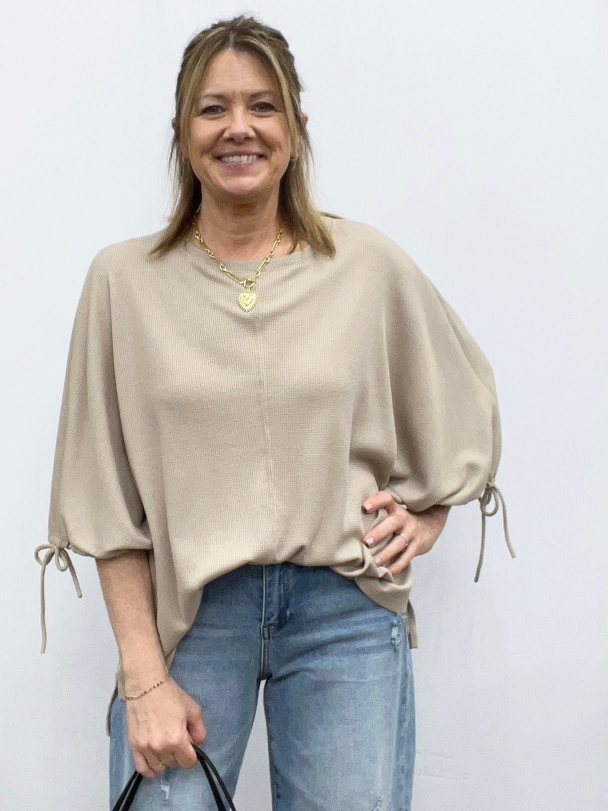 Tie Sleeve Top In Taupe - The Cozy Nest