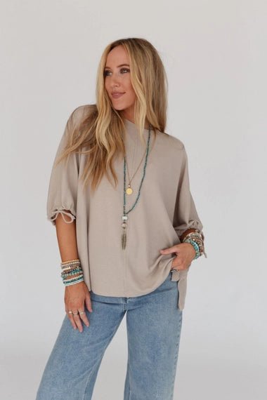 Tie Sleeve Top In Taupe - The Cozy Nest