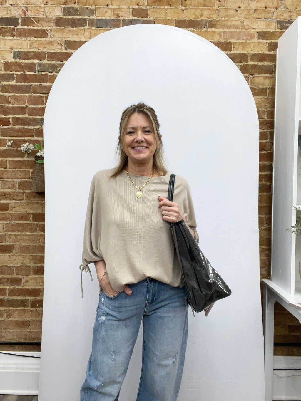 Tie Sleeve Top In Taupe - The Cozy Nest