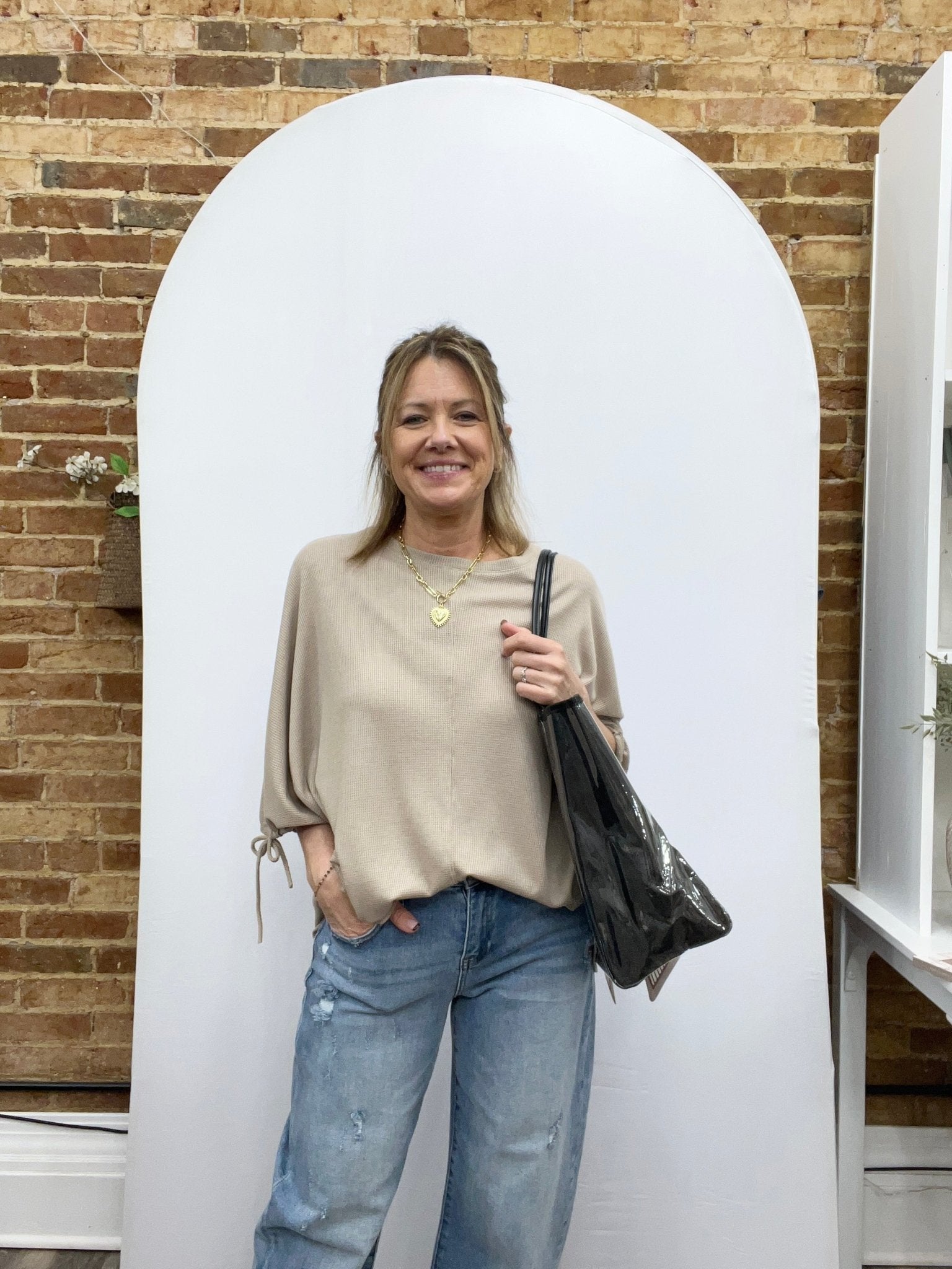Tie Sleeve Top In Taupe - The Cozy Nest
