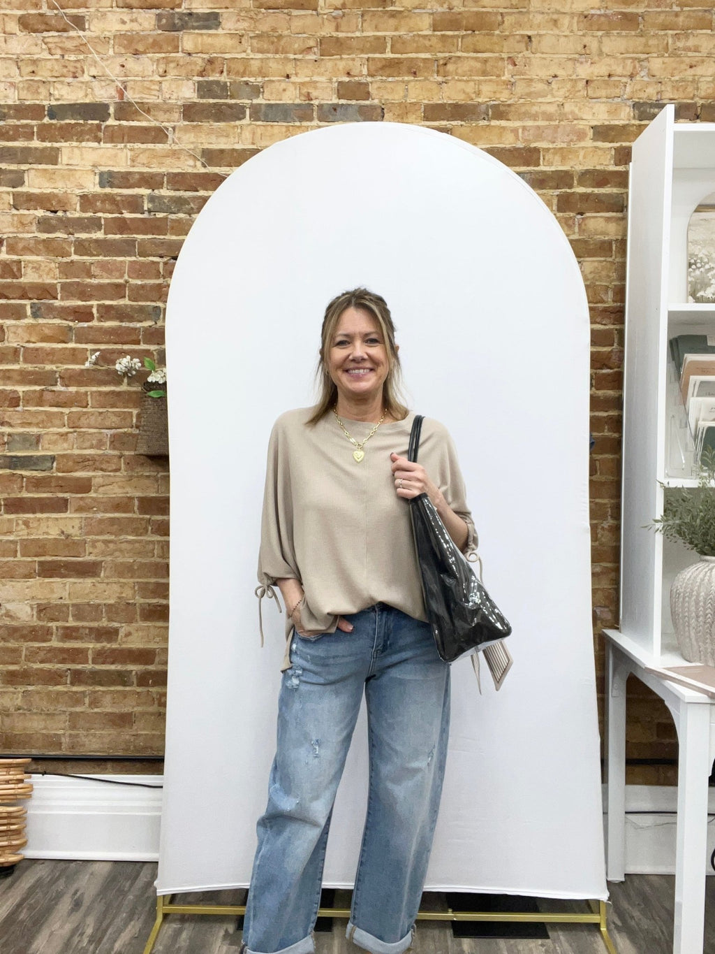 Tie Sleeve Top In Taupe - The Cozy Nest