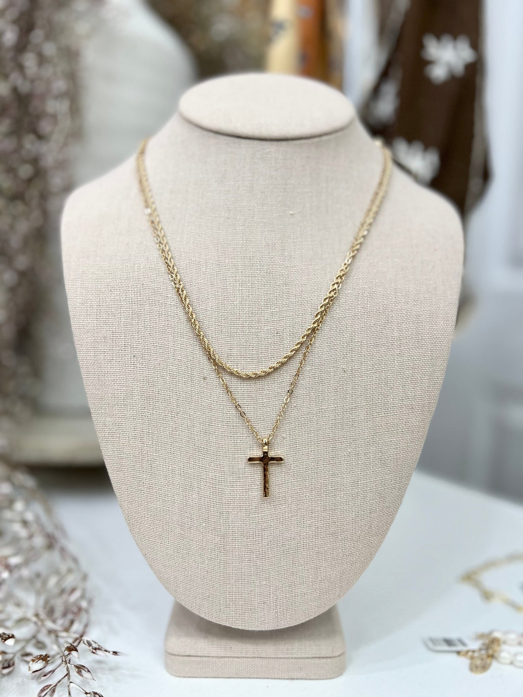 Twisted Rope Layered Cross Necklace in Shiny Gold - The Cozy Nest