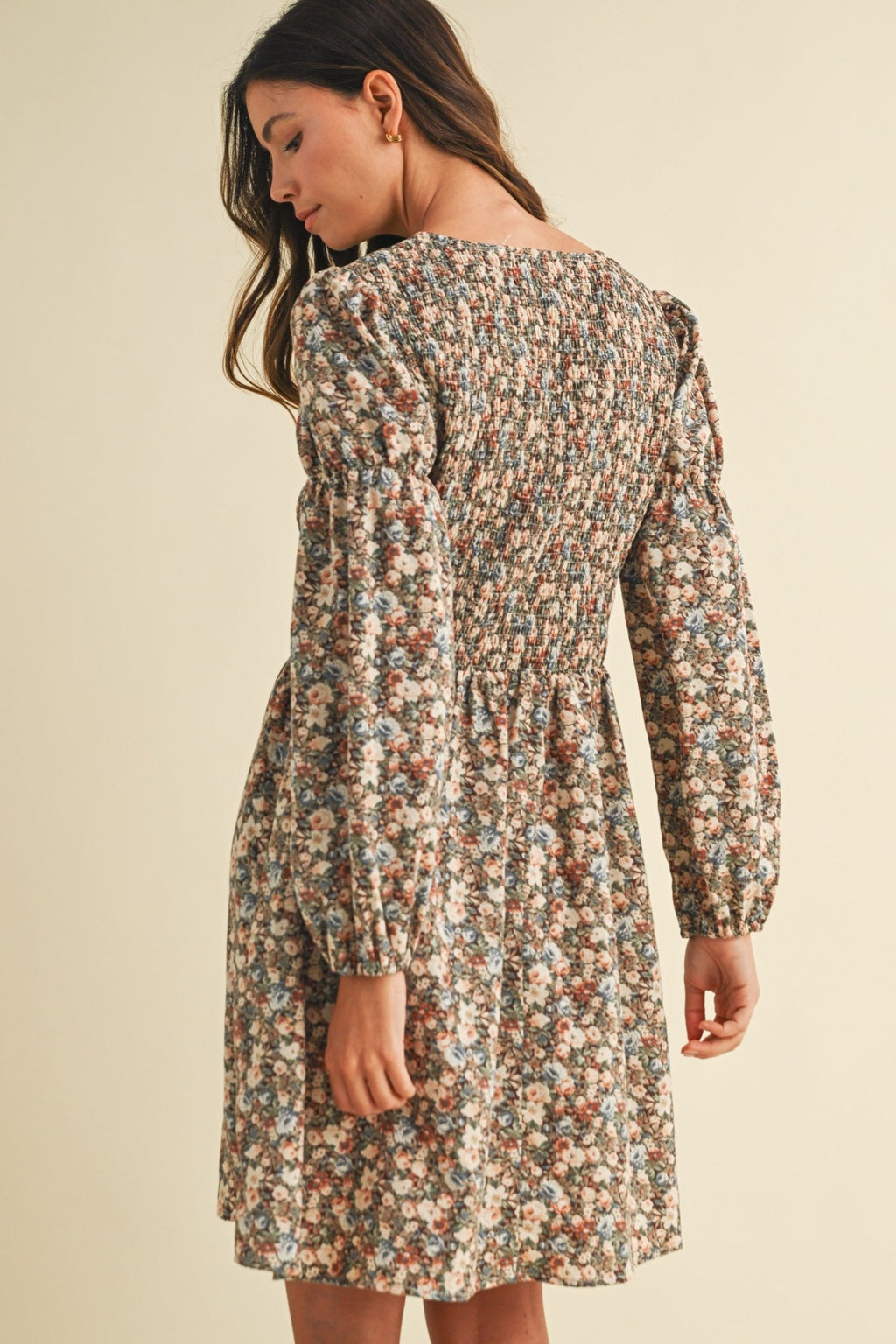 Vintage Flower Print Smocking Detail Mini Dress - The Cozy Nest