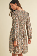 Vintage Flower Print Smocking Detail Mini Dress - The Cozy Nest
