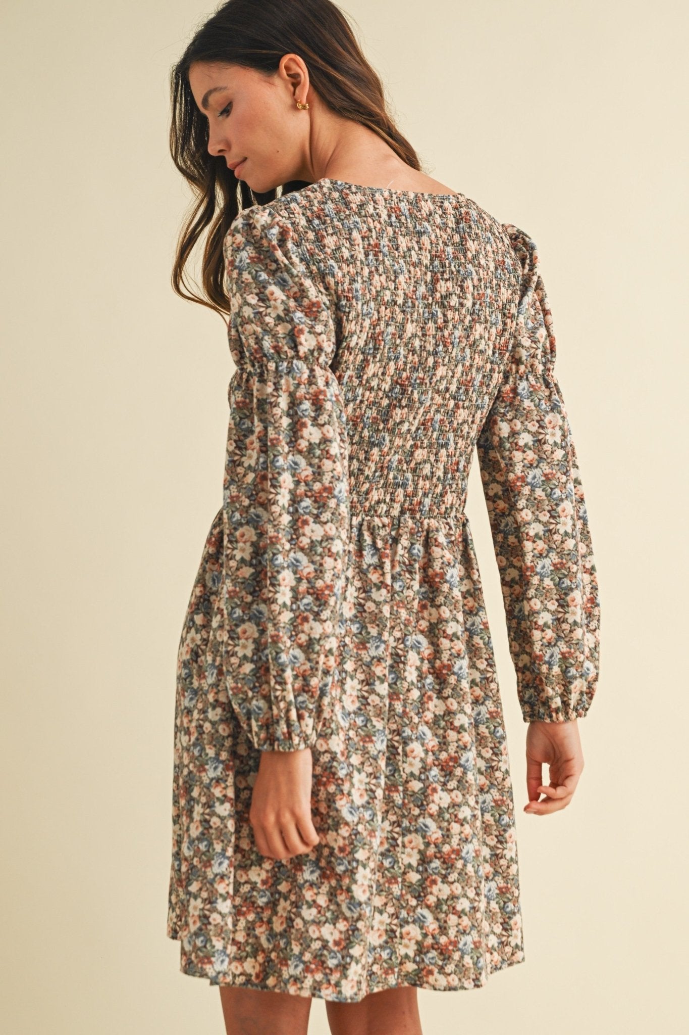 Vintage Flower Print Smocking Detail Mini Dress - The Cozy Nest