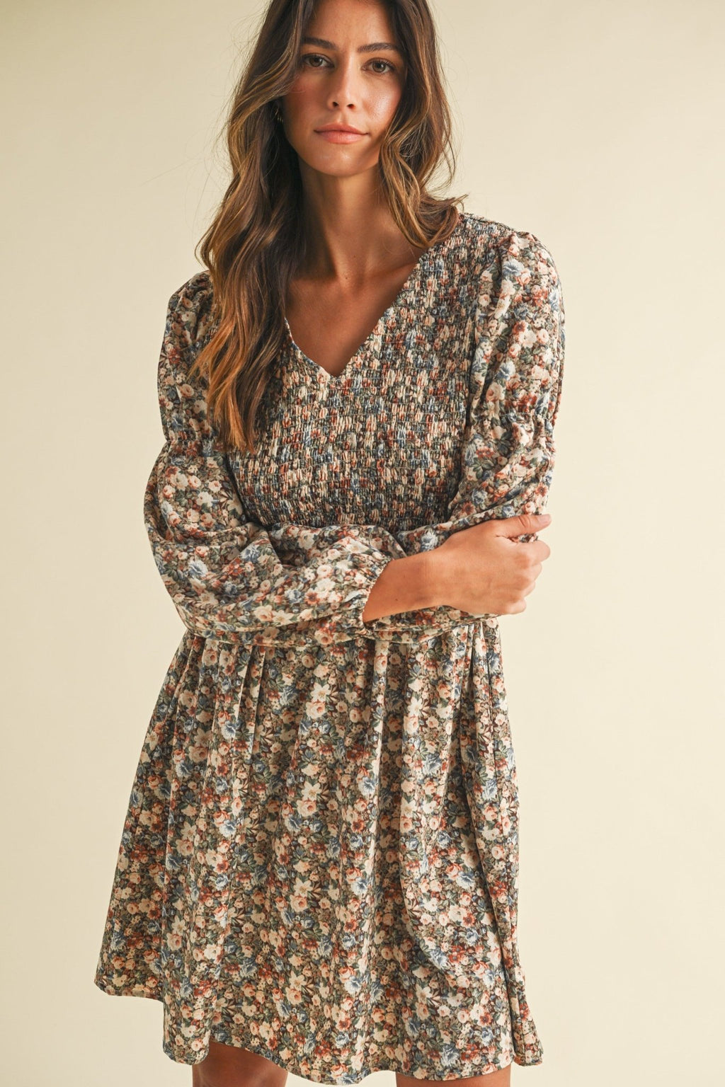 Vintage Flower Print Smocking Detail Mini Dress - The Cozy Nest