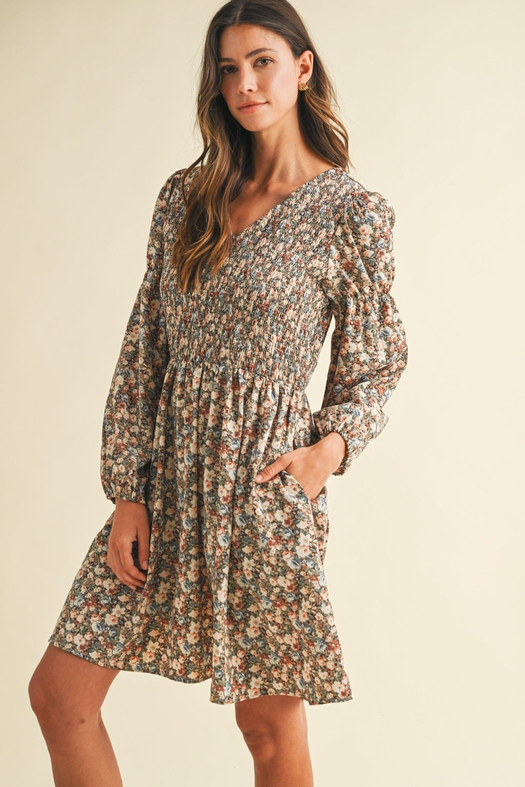 Vintage Flower Print Smocking Detail Mini Dress - The Cozy Nest