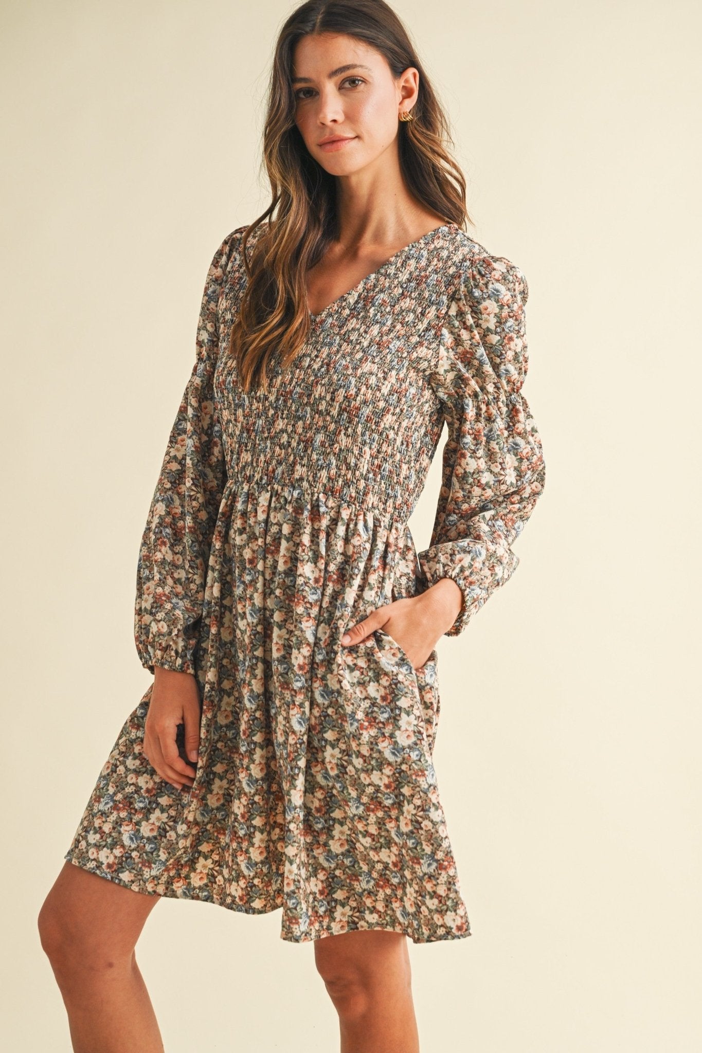 Vintage Flower Print Smocking Detail Mini Dress - The Cozy Nest