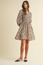 Vintage Flower Print Smocking Detail Mini Dress - The Cozy Nest