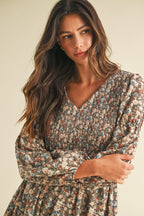 Vintage Flower Print Smocking Detail Mini Dress - The Cozy Nest