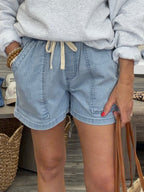 Washed Denim Drawstring Patch Pocket Shorts - The Cozy Nest