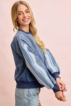 Washed Denim Lace Contrast Sided Sweatshirt - The Cozy Nest