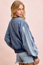 Washed Denim Lace Contrast Sided Sweatshirt - The Cozy Nest