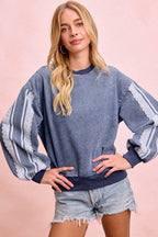 Washed Denim Lace Contrast Sided Sweatshirt - The Cozy Nest