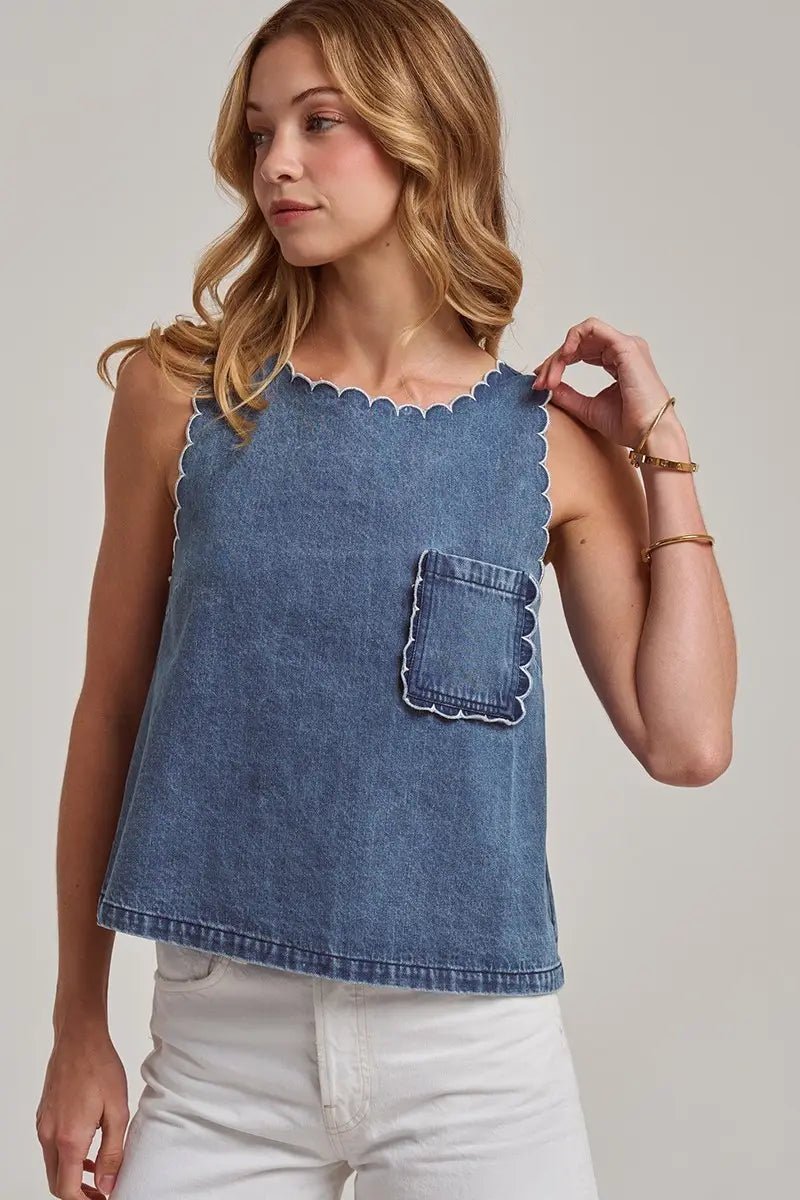 Washed Denim Scalloped Top - The Cozy Nest