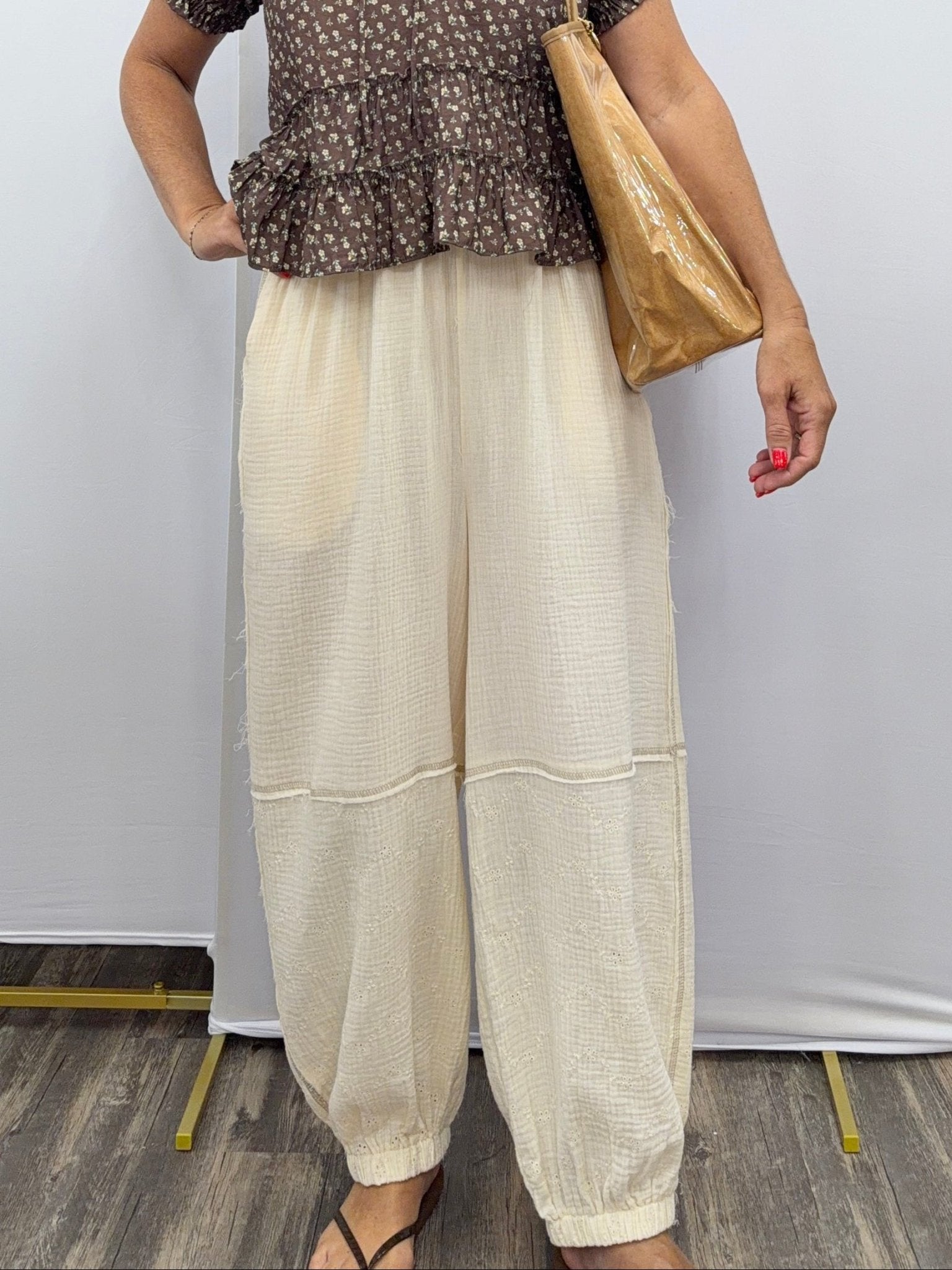 Wide Leg Gauze Pants W/Floral Embroidery - The Cozy Nest
