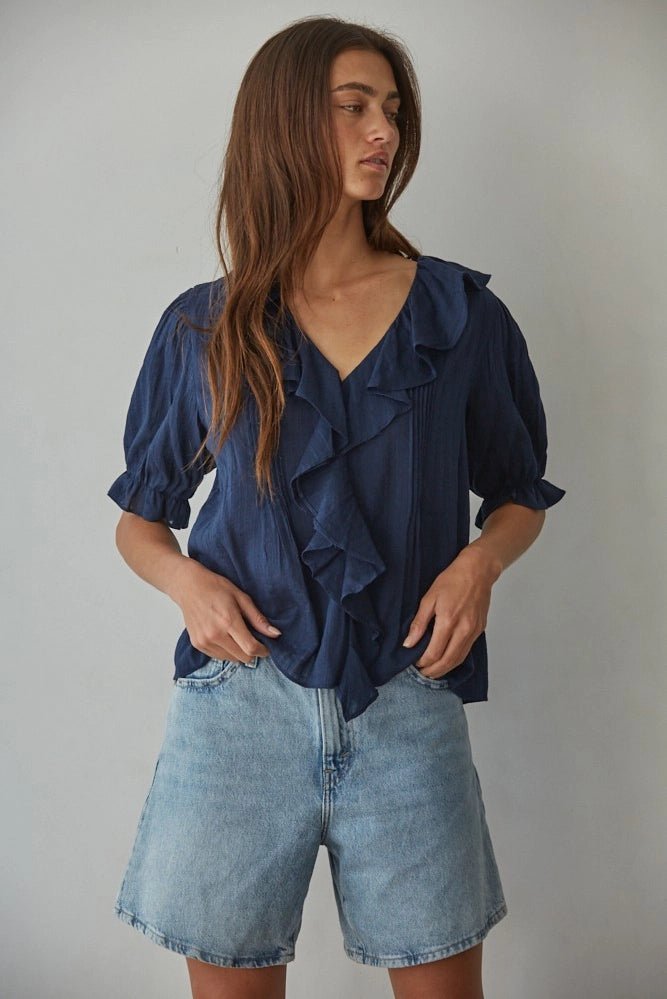 Woven Cotton Buttondown V - Neck Short Sleeve Top - The Cozy Nest