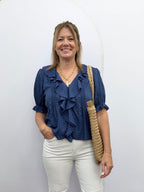 Woven Cotton Buttondown V-Neck Short Sleeve Top - The Cozy Nest