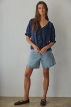 Woven Cotton Buttondown V - Neck Short Sleeve Top - The Cozy Nest