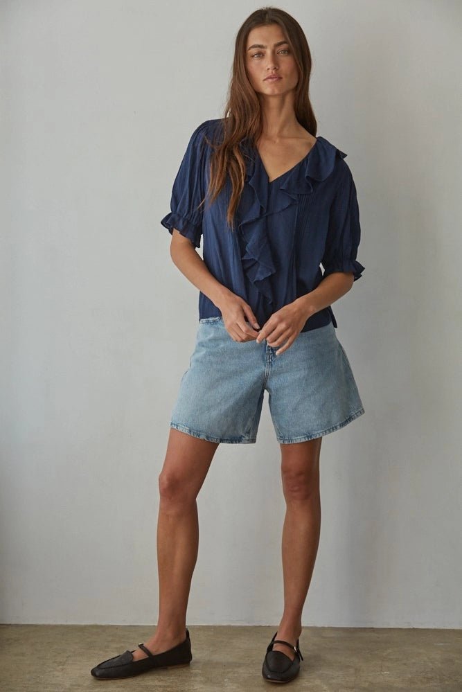 Woven Cotton Buttondown V - Neck Short Sleeve Top - The Cozy Nest
