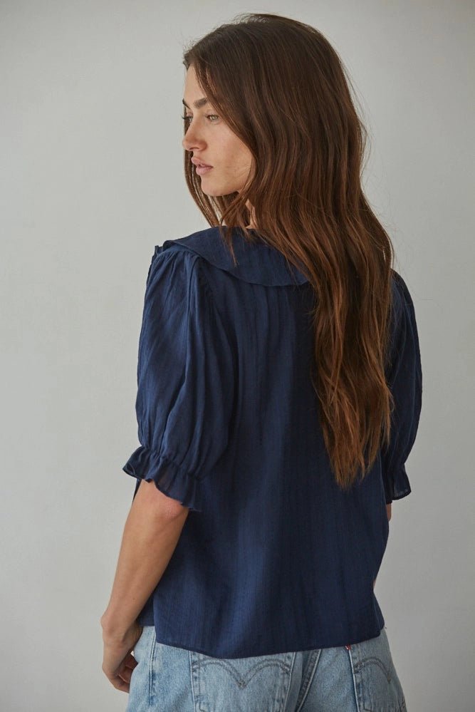 Woven Cotton Buttondown V - Neck Short Sleeve Top - The Cozy Nest